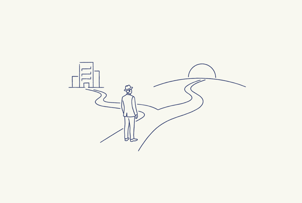 岐路に立ち、会社と新しい地平の2つの道を前にする人の線画イラスト