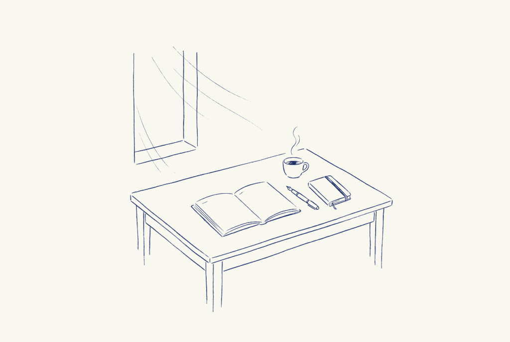 手帳とペンとお茶が置かれた朝の机の線画イラスト