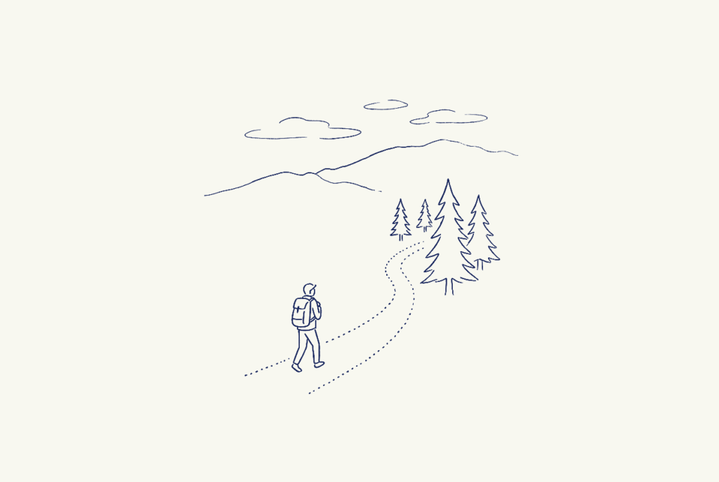 山道をハイキングする人の線画イラスト