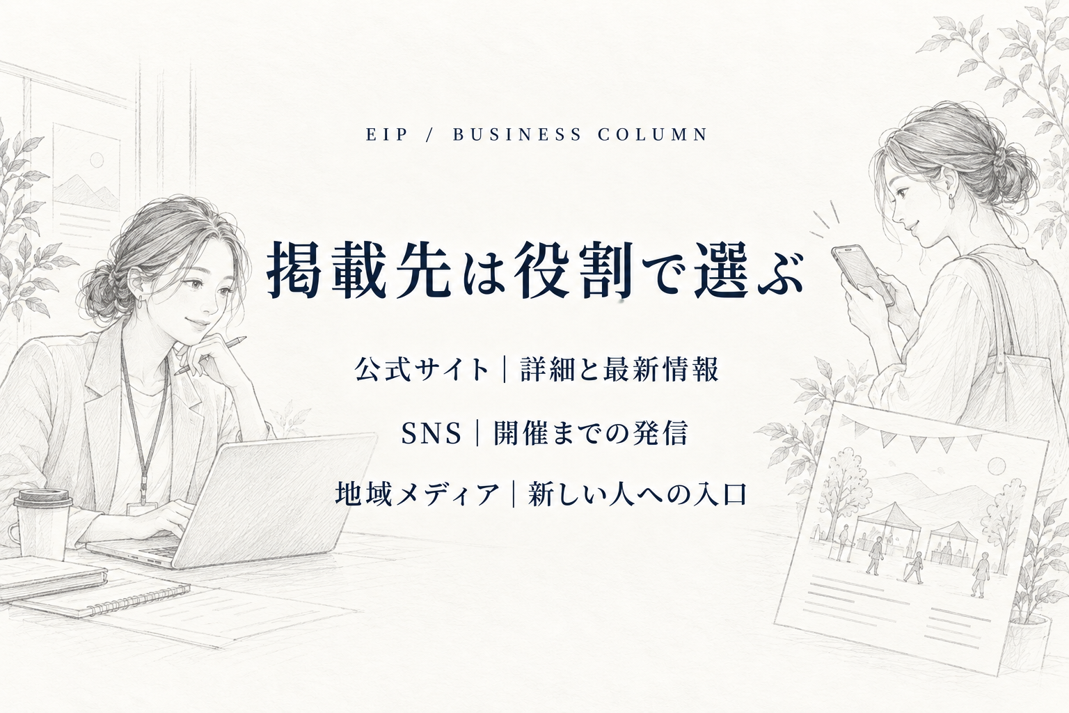 公式サイト、SNS、自治体や施設のカレンダー、地域メディアなどイベント情報の掲載先を選ぶイメージ