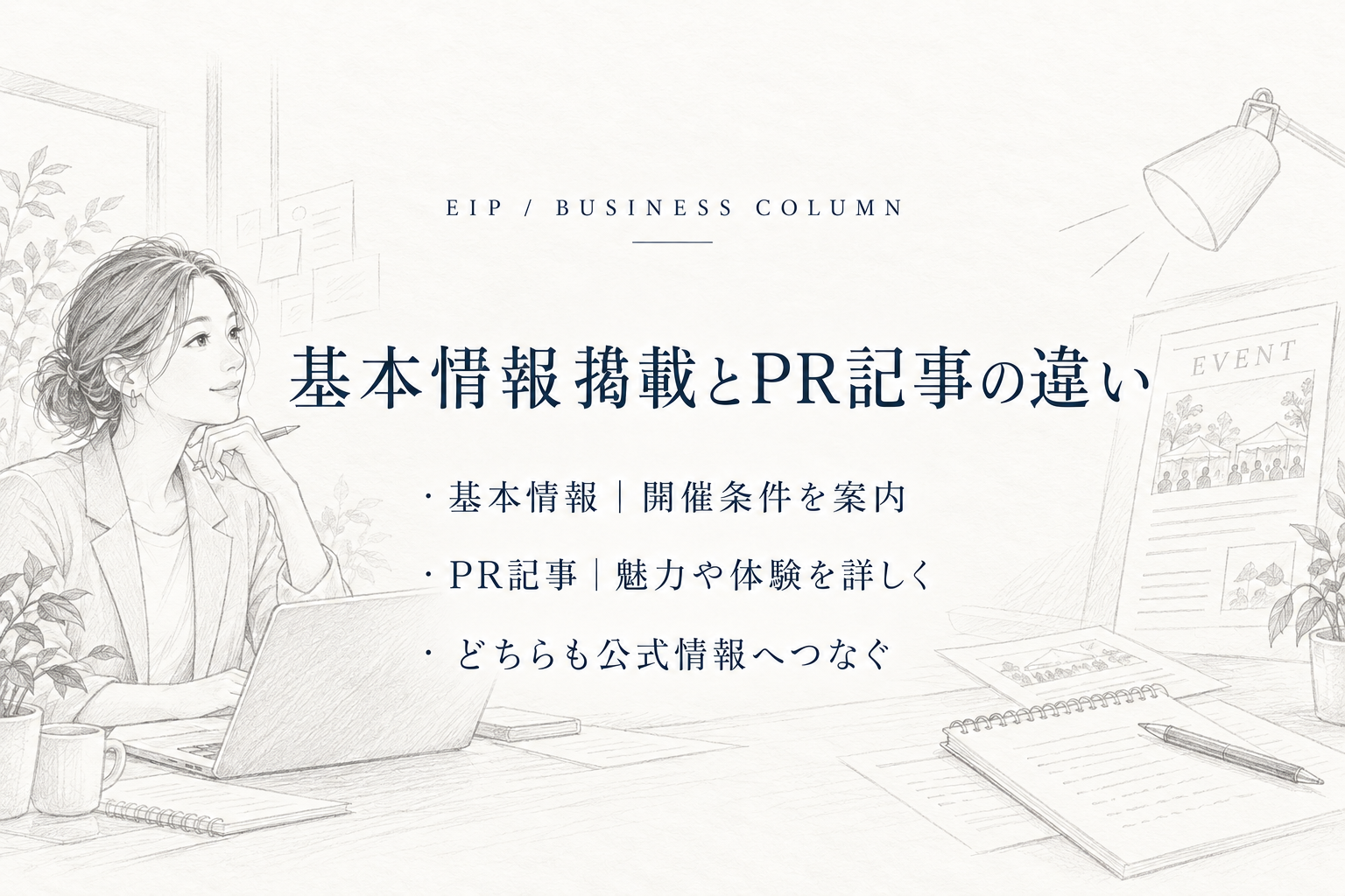 基本情報の掲載とPR記事で伝える内容や見せ方の違いを比較するイメージ