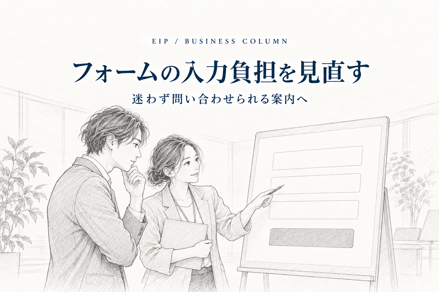 事業者が問い合わせフォームの項目を確認し、入力の負担を見直している場面。