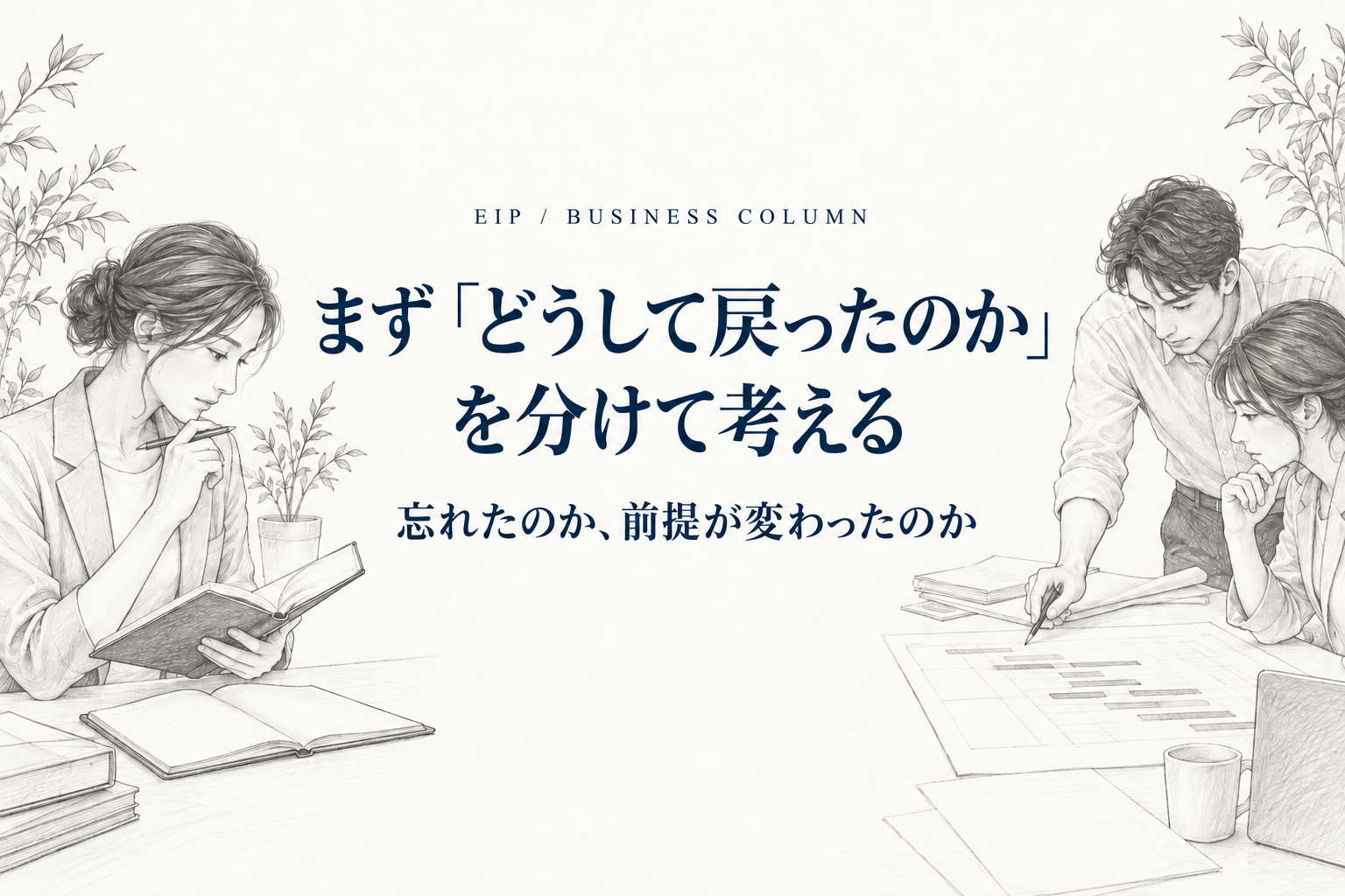 議事録と予算、工程表を見比べて、決定が戻った理由を整理する担当者