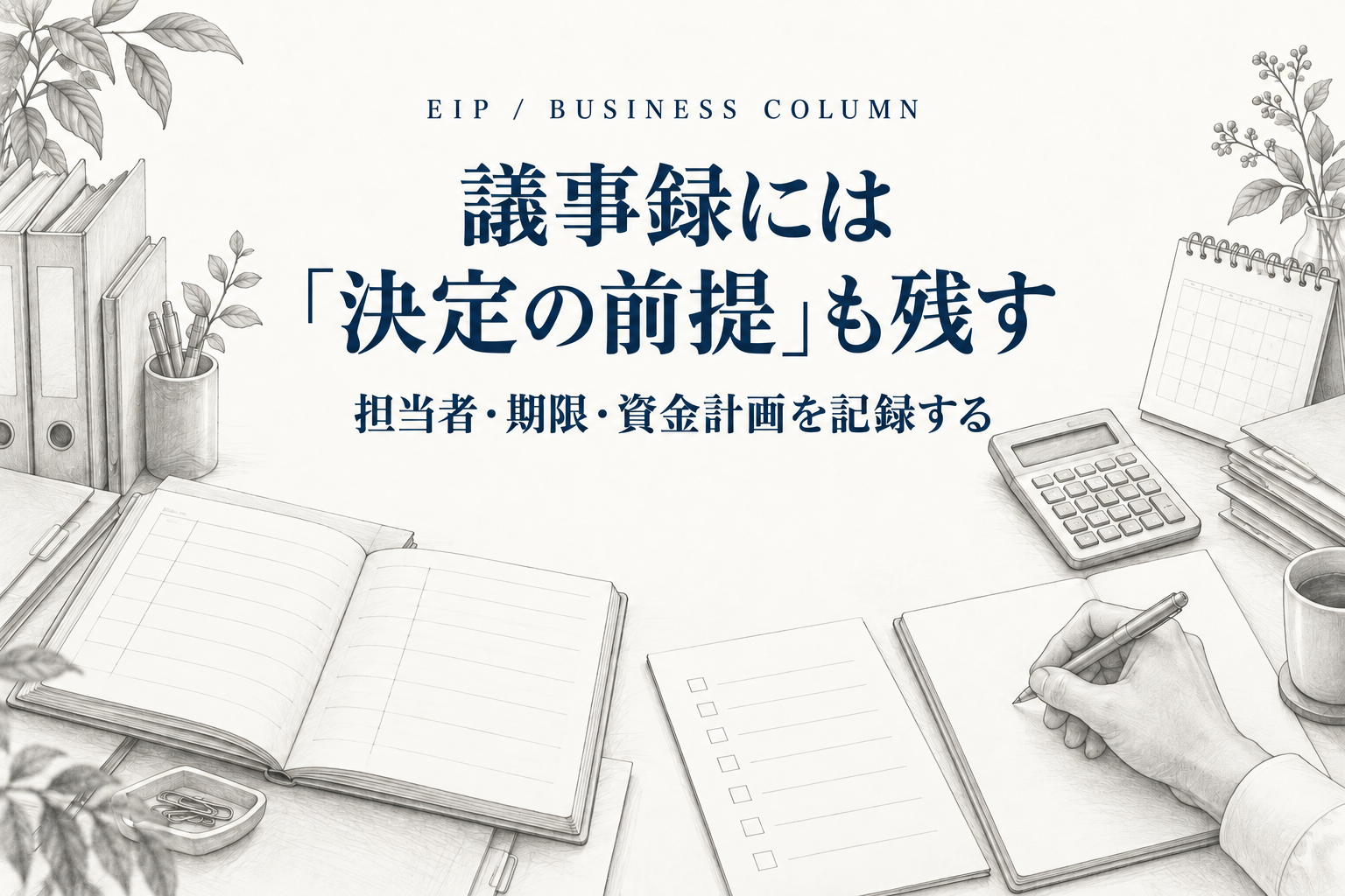 決定の前提や担当者、期限、資金計画を議事録に記録する様子