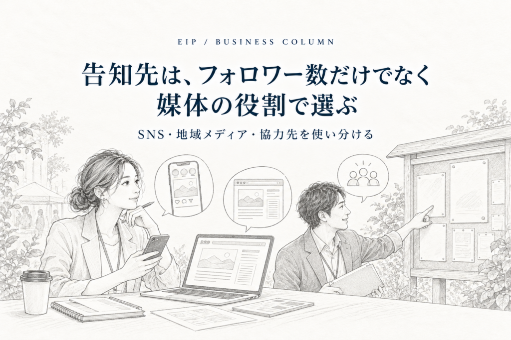 SNSや地域メディアなど、媒体ごとの役割に合わせて初開催イベントを告知するイラスト