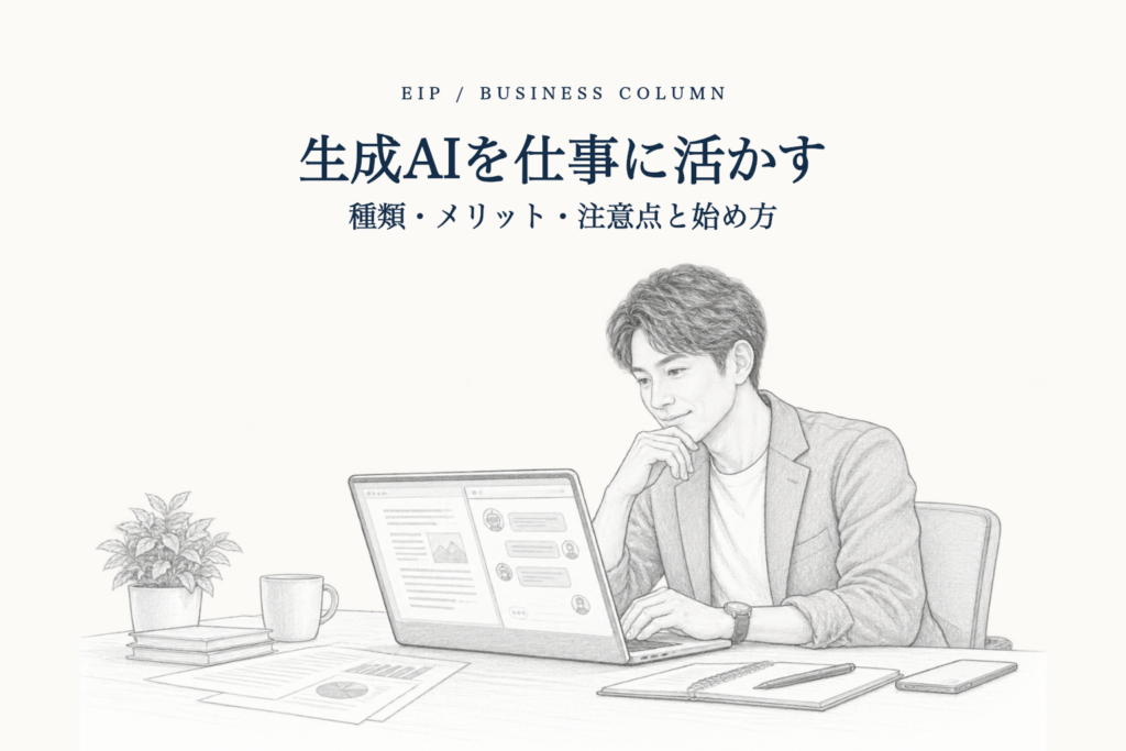 生成AIを使い、ノートパソコンで文章や情報を確認する事業者