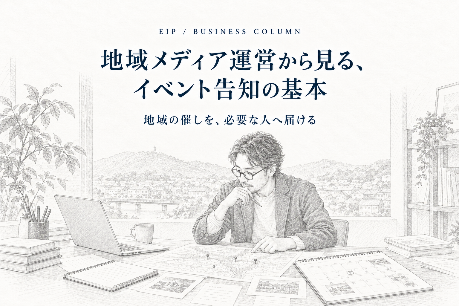 イベント告知の情報設計。目的と対象を決め、地域メディアから公式情報、申込みへ案内する流れ。